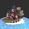 Pirate Sailing Ship with Black Brown Sails Skull Symbols Green Brown Hull on Blue Water