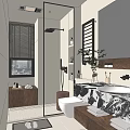 Modern Bathroom Interior Design With Glass Shower Marble Countertop And Wooden Accents