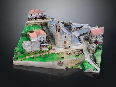Detailed Miniature Village Model With Red Roof Houses Church Green Grass And Stone Paths 3d model