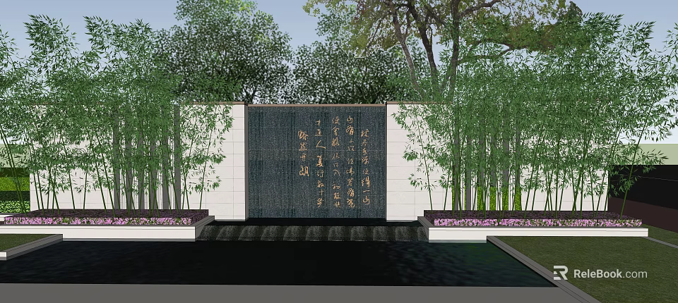 Feature Wall with Chinese Calligraphy Surrounded by Bamboo and Front Water Pool 3d model 