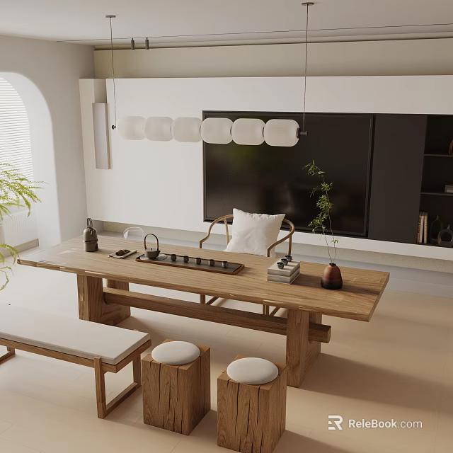 Wooden Dining Table Set with Long Bench Stools Vase Tea Set and Pendant Lights 3d model