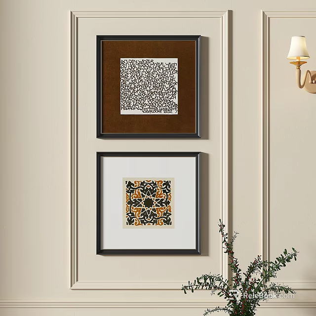 Two Abstract Paintings Framed on Wall With Intricate Patterns and Wall Lamp 3d model