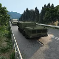 Military Utility Vehicles Conveying on Mountain Road with Green Trees and Hills