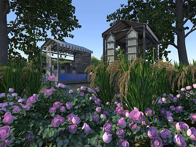 Scenic Landscape with Purple Roses Tall Trees Pavilions Striped Canopies Green Grass and Blue Sky 3d model