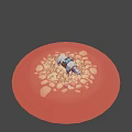 Rhinoceros Game Character with Blue Rolled Bag Brown Backpack in Red Plants on Stone Ground