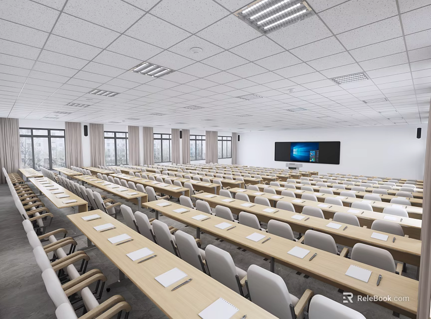 School Spacious Classroom With Arranged Desks Chairs Large Screen And Natural Light 3d model 
