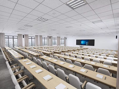School Spacious Classroom With Arranged Desks Chairs Large Screen And Natural Light 3d model