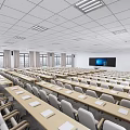 School Spacious Classroom With Arranged Desks Chairs Large Screen And Natural Light