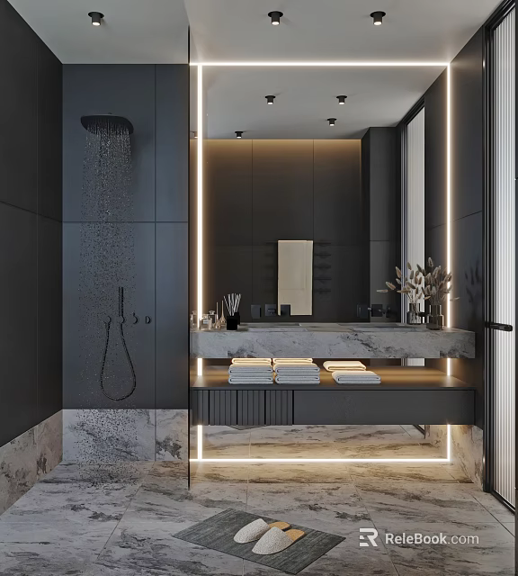 Modern Bathroom Interior With Dark Walls Marble Countertop Shower Towels And Large Mirror 3d model 