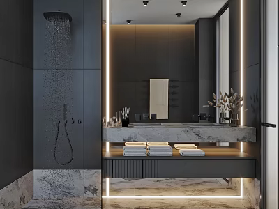 Modern Bathroom Interior With Dark Walls Marble Countertop Shower Towels And Large Mirror 3d model