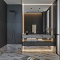 Modern Bathroom Interior With Dark Walls Marble Countertop Shower Towels And Large Mirror