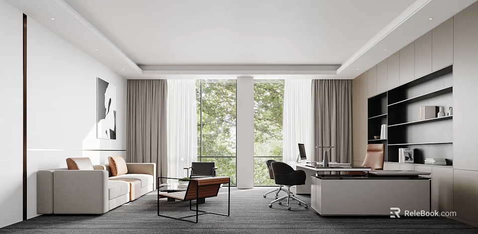 Modern Office Interior Design With Floor to Ceiling Windows Sofa Desk And Trees Outside 3d model 