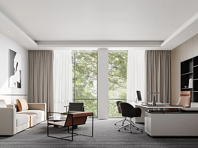 Modern Office Interior Design With Floor to Ceiling Windows Sofa Desk And Trees Outside 3d model