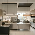 Modern Restaurant Interior With Dining Tables Chairs Pendant Lights And Open Kitchen