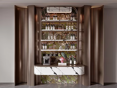 Elegant Modern Wine Cabinet Design With Marble Countertop Wooden Frames And Decorative Plants 3d model