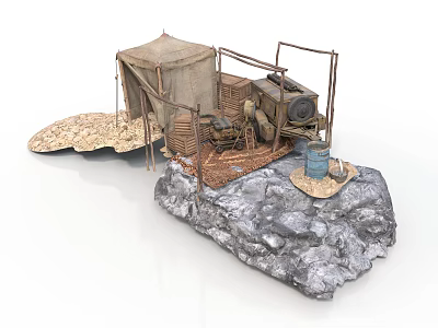Modern Outdoor Camping Area With Canvas Tent Metal Frame Equipment Barrels On Sandy Rocky Ground 3d model