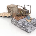 Modern Outdoor Camping Area With Canvas Tent Metal Frame Equipment Barrels On Sandy Rocky Ground