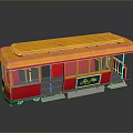 Detailed Vintage Tram Model Featuring Orange Red Exterior And Reflective Display Base