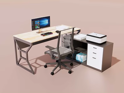 Modern Home Office Desk And Chair Set With Computer Monitor Keyboard Printer And Drawer Cabinet 3d model