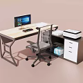 Modern Home Office Desk And Chair Set With Computer Monitor Keyboard Printer And Drawer Cabinet