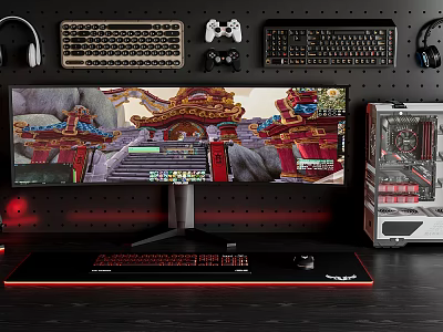 High Performance Gaming PC Setup With Ultrawide Monitor Transparent Case Mechanical Keyboard And Headset 3d model