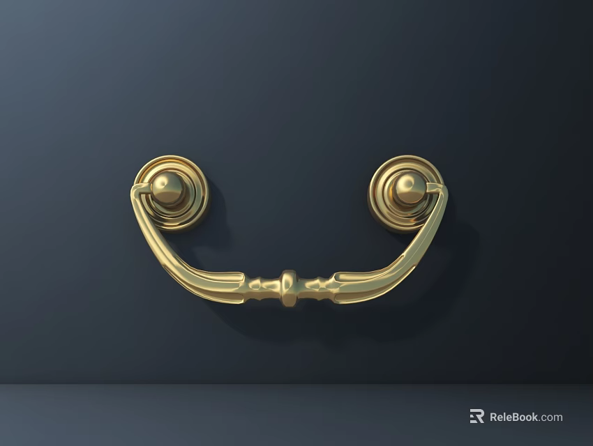 Elegant Brass Door Handle with Decorative Curved Design on Dark Wooden Door Surface 3d model 