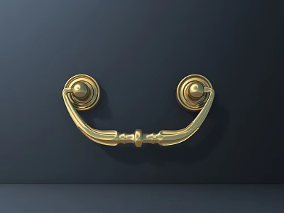 Elegant Brass Door Handle with Decorative Curved Design on Dark Wooden Door Surface 3d model