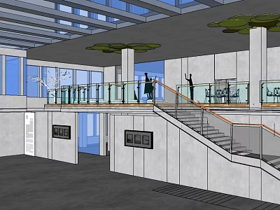 Modern Interior Space With Two Level Structure Staircase Glass Railing And Columns 3d model