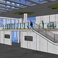 Modern Interior Space With Two Level Structure Staircase Glass Railing And Columns
