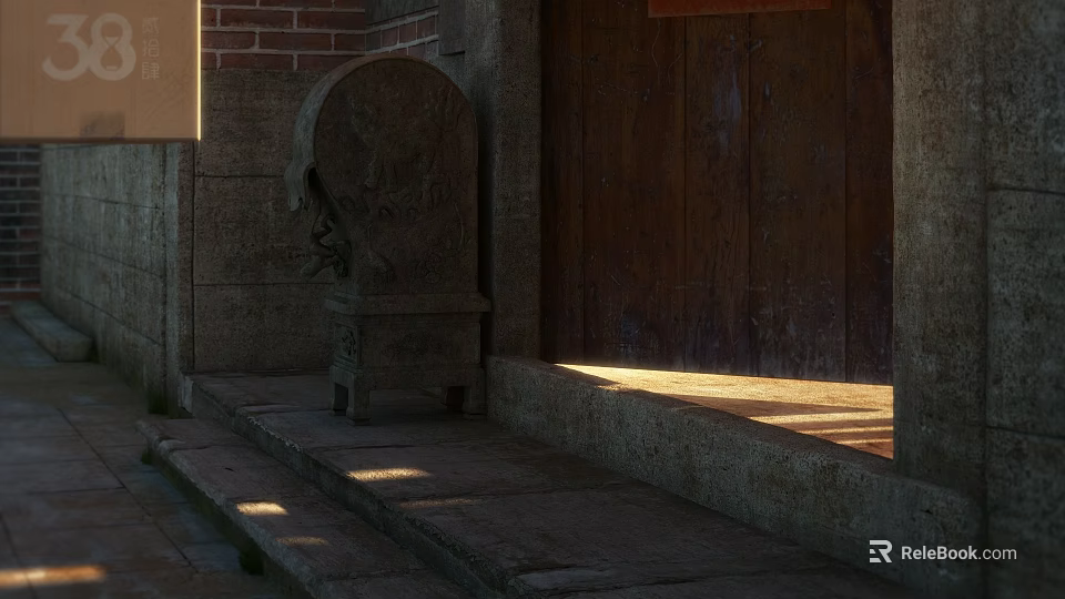 Traditional Red Brick Corner With Wooden Door Stone Stool Steps And Sunlight Shadows 3d model 