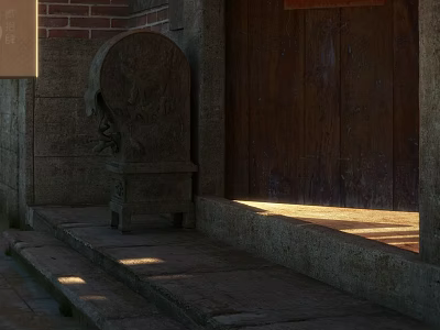 Traditional Red Brick Corner With Wooden Door Stone Stool Steps And Sunlight Shadows 3d model