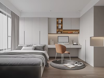 Minimalist Tatami Bedroom With White Wardrobe Desk Computer Gray Bedding And Wooden Floor 3d model