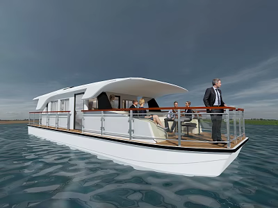 Modern Houseboat With People Sailing On Water 3d model