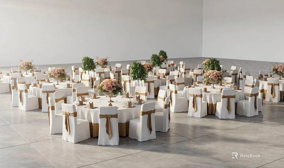 Elegant Dining Table Set With White Chairs Brown Bows Pink Flower Bouquets And Green Plants 3d model 