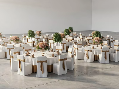 Elegant Dining Table Set With White Chairs Brown Bows Pink Flower Bouquets And Green Plants 3d model