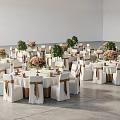Elegant Dining Table Set With White Chairs Brown Bows Pink Flower Bouquets And Green Plants