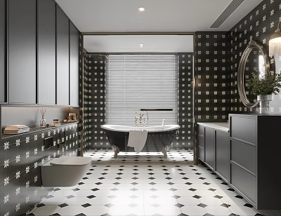 Modern Bathroom Interior Design With Black White Patterned Tile Walls Dark Cabinets Bathtub Vanity Mirror 3d model