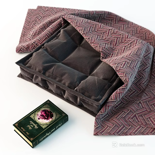 Everyday Living Items With Dark Cushion Woven Fabric And Green Cover Book 3d model 