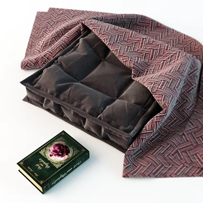 Everyday Living Items With Dark Cushion Woven Fabric And Green Cover Book 3d model