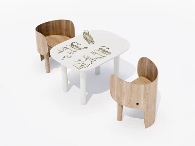 Child-Friendly White Kids Table With Wooden Chairs For Children Play Area 3d model