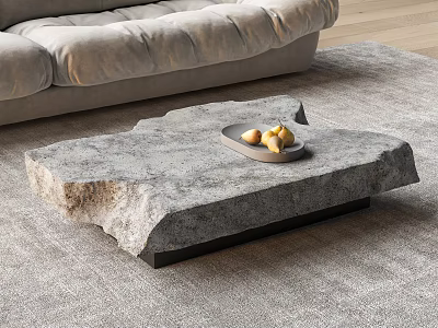 Organic Shape Natural Stone Coffee Table with Black Base Fruit Tray on Gray Living Rug 3d model