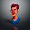 Cartoon Male Character 3D Model With Brown Hair Glasses Blue Shirt And Smiling Expression