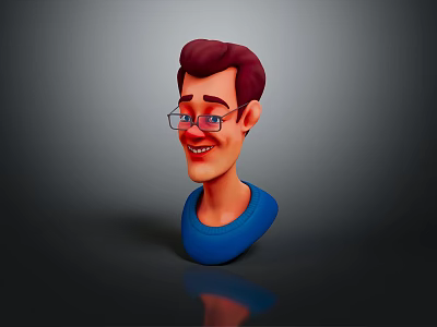 Cartoon Male Character 3D Model With Brown Hair Glasses Blue Shirt And Smiling Expression 3d model