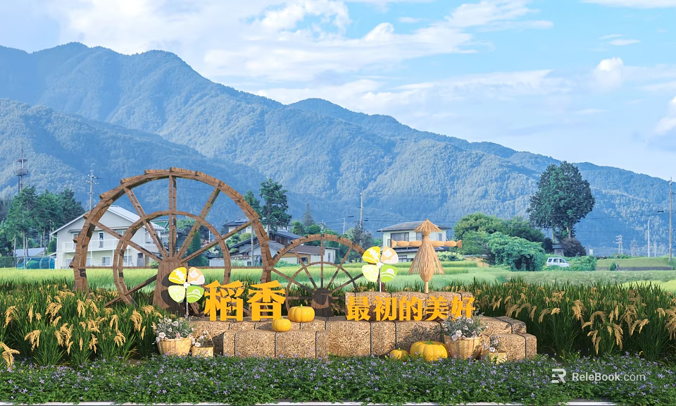 Garden Ornaments in Rural Rice Field with Wooden Waterwheel Scarecrow Pumpkins and Distant Mountains 3d model 