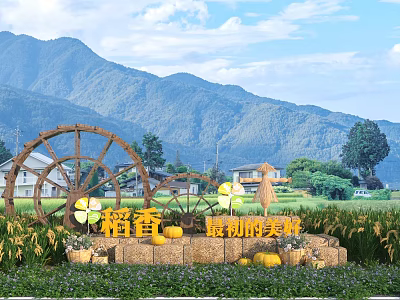 Garden Ornaments in Rural Rice Field with Wooden Waterwheel Scarecrow Pumpkins and Distant Mountains 3d model