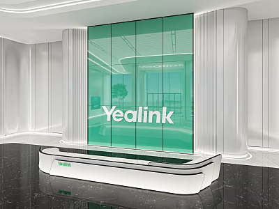 Modern Reception Desk With Yealink Logo Green Glass Wall And White Pillars 3d model