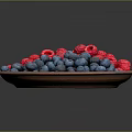 Fresh Red Raspberries and Blue Blueberries in Wooden Bowl on Dark Background