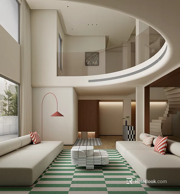 Modern Duplex Living Room Interior With High Ceiling Staircase Sofa Area Rug And Floor Lamp 3d model 