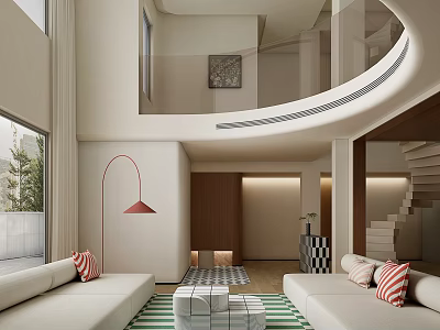 Modern Duplex Living Room Interior With High Ceiling Staircase Sofa Area Rug And Floor Lamp 3d model