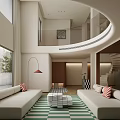 Modern Duplex Living Room Interior With High Ceiling Staircase Sofa Area Rug And Floor Lamp